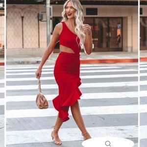 VICI SPICY ONE SHOULDER CUTOUT MIDI DRESS - RED